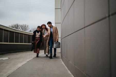 Three colleagues walking together outdoors having a casual business meeting and friendly...