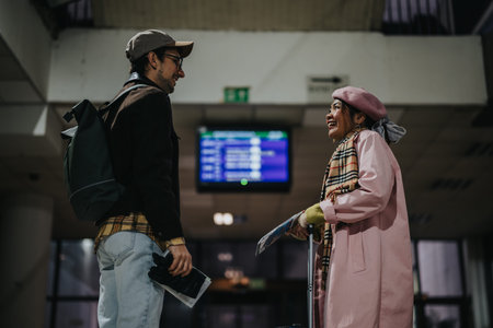 Smiling travelers talking in an airport terminal with luggage and travel documents