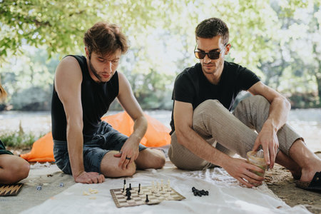 Friends enjoy outdoor chess and drinks by the river during a sunny park picnic