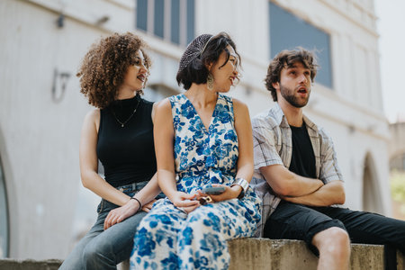 Three friends hanging out outdoors, sitting together in casual fashion and a relaxed vibe