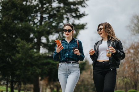 Two women walking outdoors with coffee and phone, casual fashion and sunglassesの写真素材