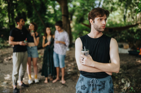 Group of friends in a park with a man in front holding a drink, casual outdoor gathering