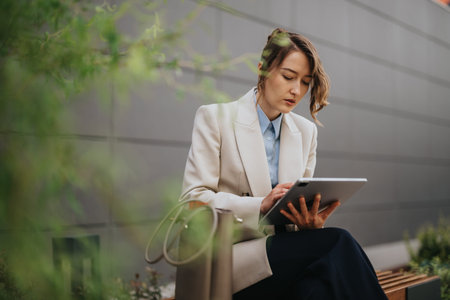 Young businesswoman in a blazer using a tablet while working outdoors in a modern urban settingの写真素材