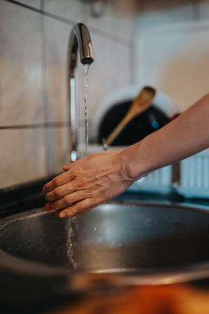 Person washing hands under kitchen tap above stainless steel sink with running waterの写真素材