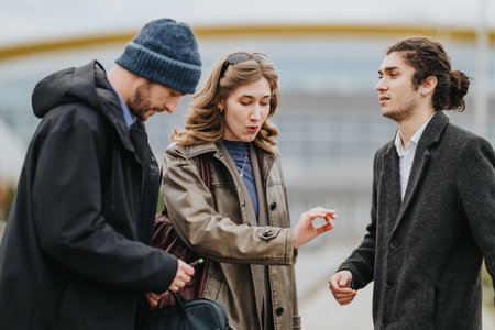 Business associates having a casual outdoor conversation near an urban building