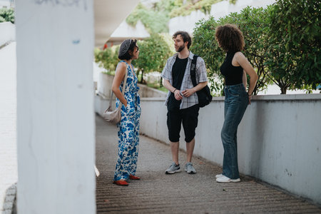 Three friends chat on a sunny urban sidewalk, casual outfits and greenery in the backgroundの写真素材
