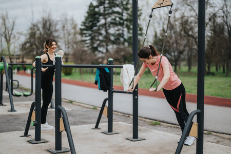 Two women work out at an outdoor gym, one on rings and one smiling nearby