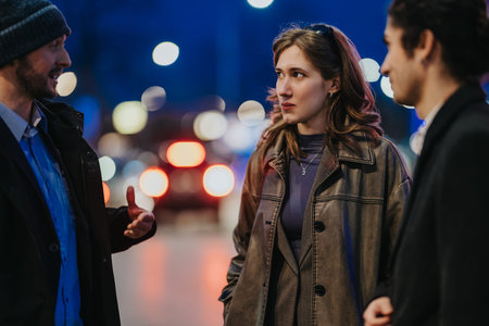Three business associates conversing on a city street at night with blurred car lights