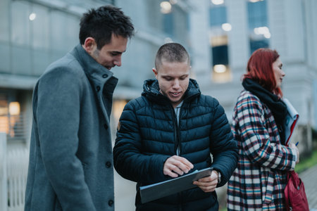 Three friends outside in winter discuss business as one shows tablet to the others