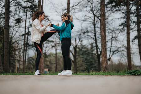 Two women training together in a park, practicing kicks and balance outdoors