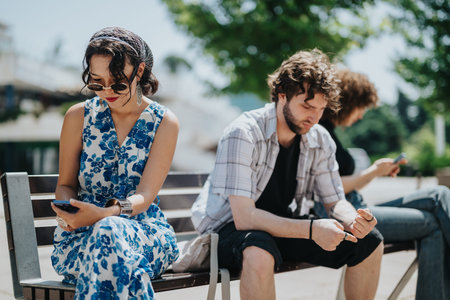 Three friends sit on a bench outdoors, each looking at their smartphone on a sunny day