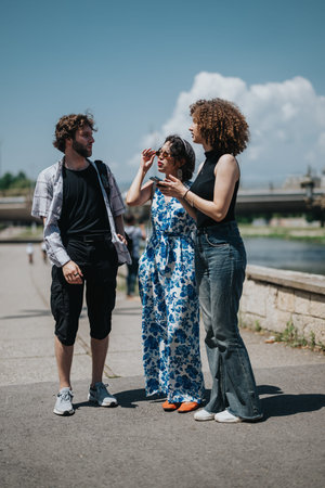 Three friends chat by the river on a sunny day, dressed in casual, stylish outfits
