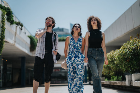 Three friends walking together in an urban outdoor setting, showcasing casual fashion and confidence