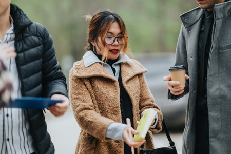 Business people walk outside, sharing documents and coffee on a chilly day