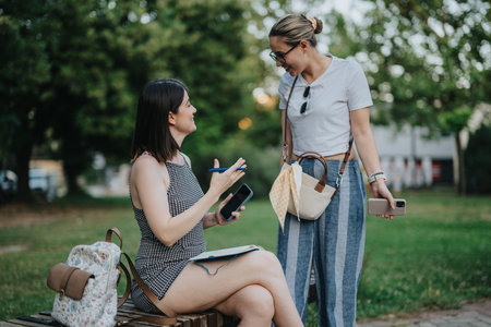 Two women friends having a friendly conversation in a park with phones and notebook