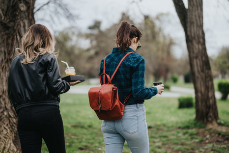 Two women walking in a park, one with a red backpack, enjoying coffee outdoors