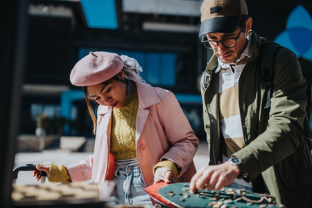 Diverse tourists browsing jewelry at an outdoor market stall in a sunny city plaza