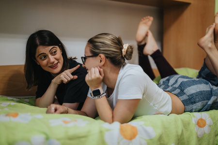 Two young women talking and laughing together while lying on a bed in a cozy bedroom