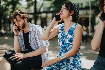 Friends on phones in an outdoor park, casual summer hangout and urban chill