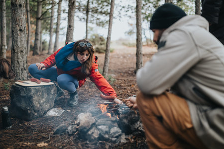 Friends cooking sausages over a campfire in a pine forest during a cool outdoor adventureの写真素材