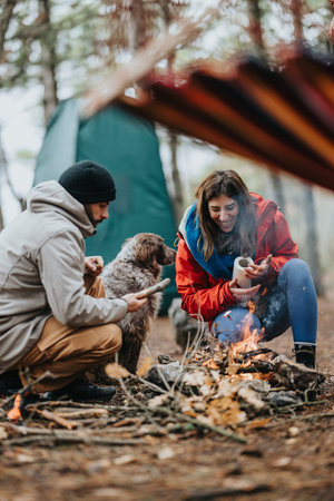 Friends camping by a mountain campfire with a tent and dog enjoying a forest evening