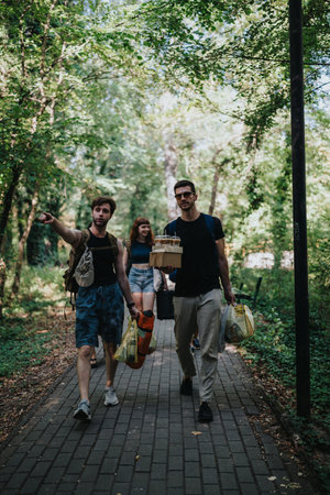 Friends walking in a park carrying groceries and bags, enjoying a sunny outdoor day