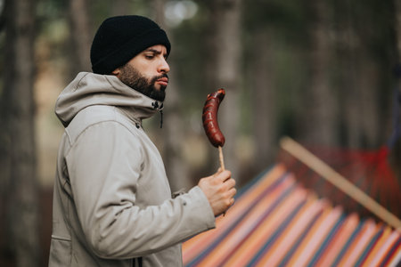 Man in beanie examining a roasted sausage on a stick near a hammock in a forest campsiteの写真素材