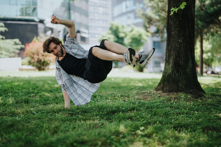 Man performing break dance move in a park, urban outdoor fitness and casual street style