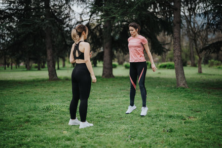 Two athletic women train in a park; one jumps as the other watches during an outdoor workoutの写真素材