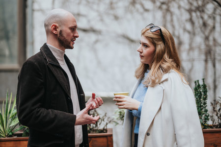 Man and woman having a casual outdoor conversation while the woman holds a coffee cup