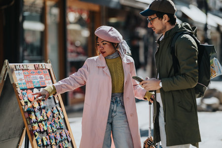 Diverse tourists browsing handmade souvenirs at a street market while discussing colorful magnets