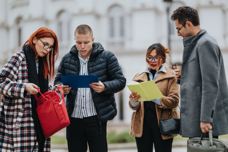 Four friends study together outdoors, sharing notes and devices in a casual business-like group