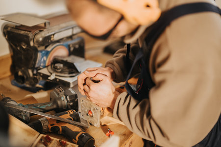 Woodworker shaping wood by hand in a workshop surrounded by power tools and equipment