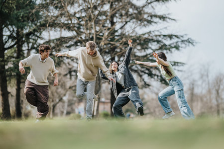 Four friends running and jumping together in a park on a bright day having fun outdoors