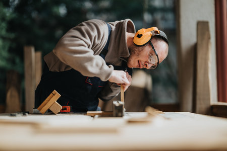 Focused carpenter shaping wood with a chisel in a workshop wearing ear protection and safety glasses