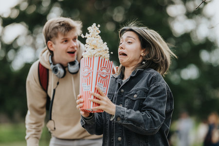 Two friends surprised as a large tub of popcorn spills while standing in a park
