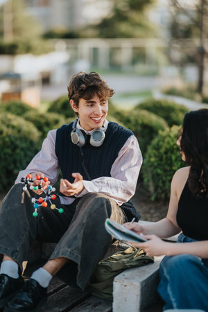 Two students studying outdoors with molecular model and headphones having a friendly campus conversation