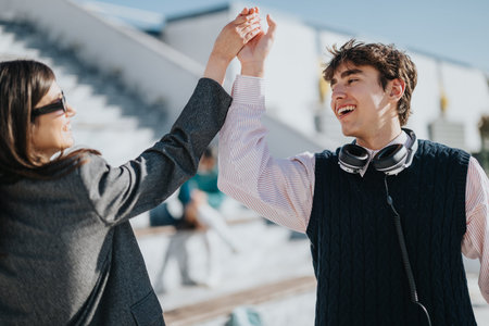 Students giving a high five outdoors on campus, smiling friends celebrating success together