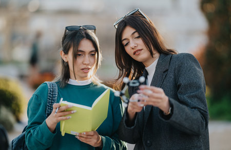 Two female students examining a molecular model and notebook while studying together outdoors