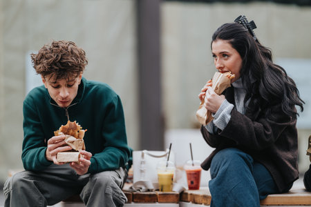 High school friends eating sandwiches and drinks together on an outdoor bench during lunch