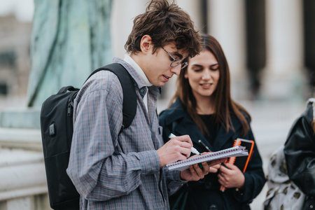 Students learning outdoors on campus taking notes and studying together in a courtyard
