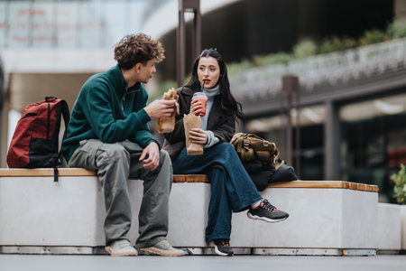 High school friends eating takeout and drinking coffee while sitting on a city bench
