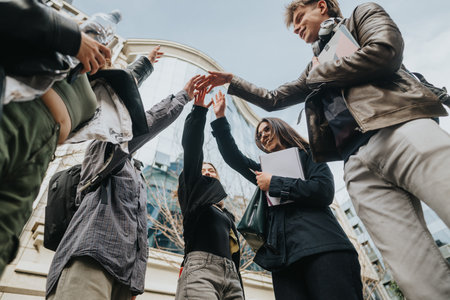 Students celebrating with a group high five outside on a modern university campus