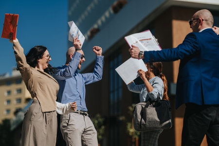 Business team celebrating success outdoors with documents and joyful colleagues after meeting