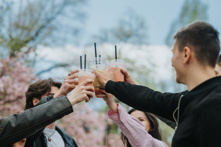 High school friends sharing smoothies and toasting together outdoors during a spring gathering