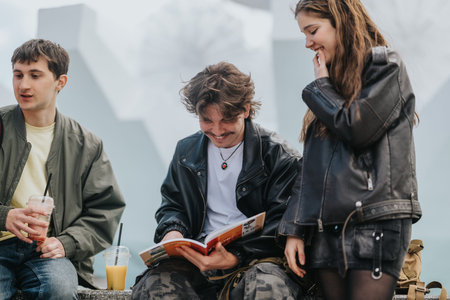 High school students hanging out reading a book and laughing together on an outdoor bench