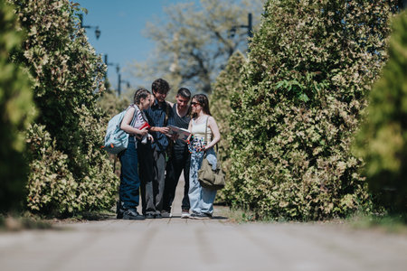 Four friends exploring a park together looking at a tablet on a sunny day