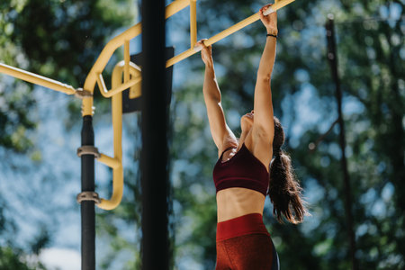 Young woman doing pull-ups on outdoor fitness bars during a sunny park workout session