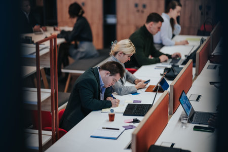 Business professionals working together in a modern co-working space taking notes and using laptops