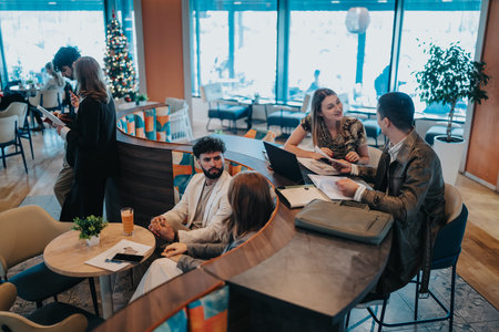 Young professionals having a business meeting and casual discussion in a modern cafe with Christmas decor
